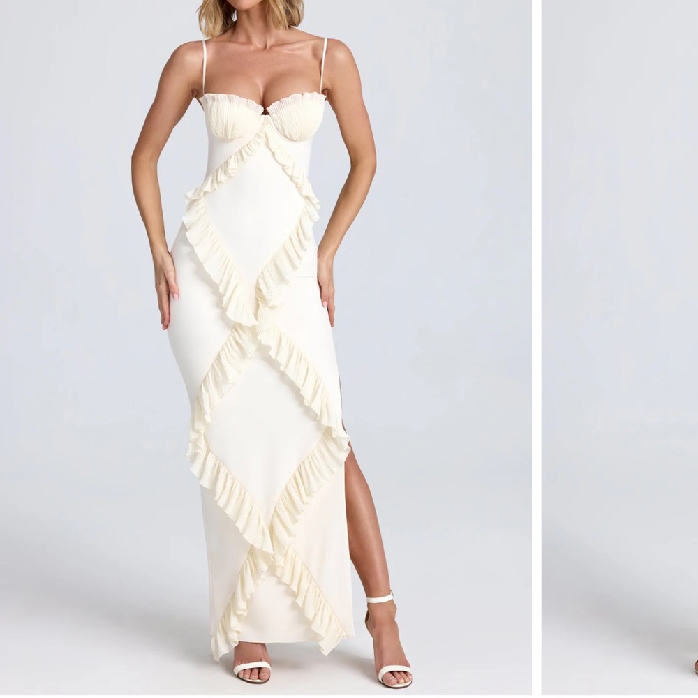 oh Polly - Plissé Ruffle-Trim Maxi Dress in Ivory